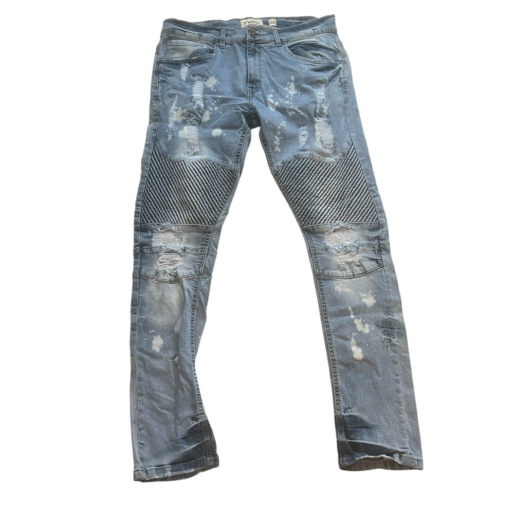 FWRD Denim Men's Size 34W x 32L Skinny Distressed Jeans Acid Wash Patches Edgy